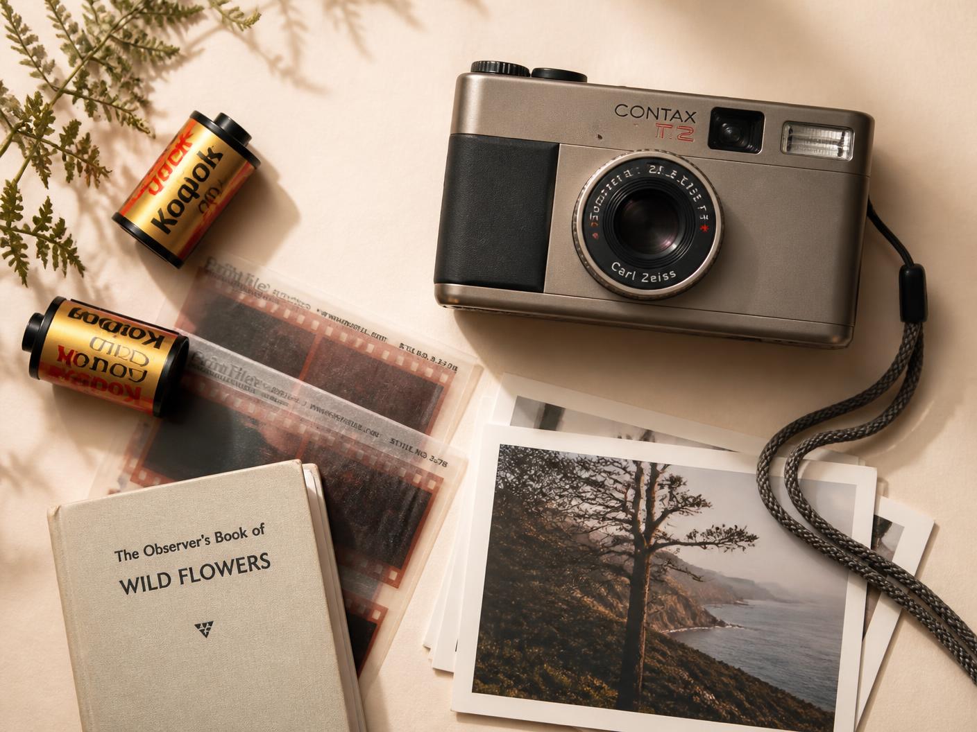Flat lay of a compact film camera, two rolls of film, negative sleeves and prints