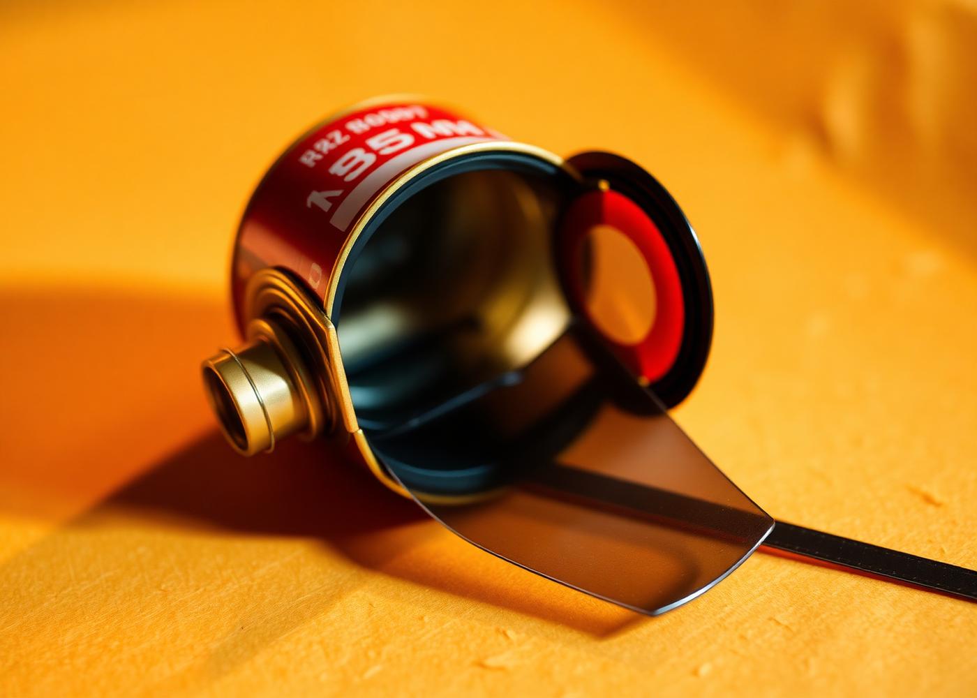Macro shot of a gold and red 35mm film canister with the leader pulled out