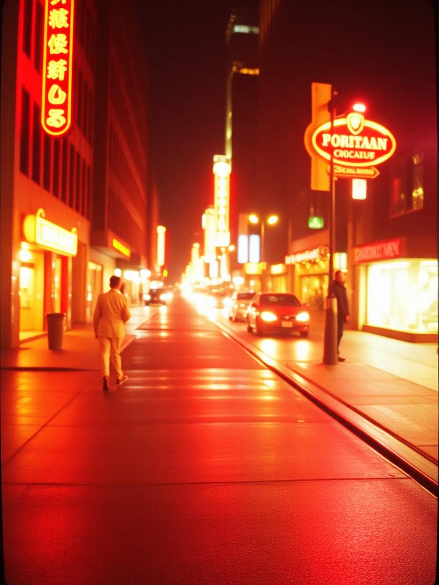 Night street scene shot on warm colour negative film