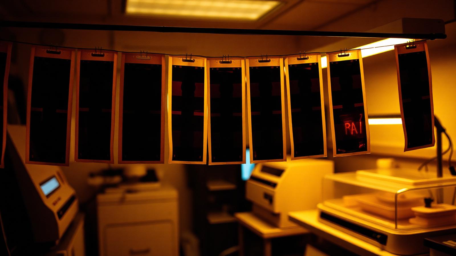 Developed colour negative film hanging to dry in a photo lab